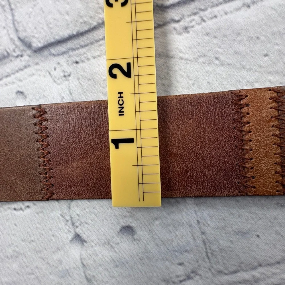 Unbranded Leather Belt Womens 32 Brown Good Patchwork Zigzag Stitch Brass Buckle